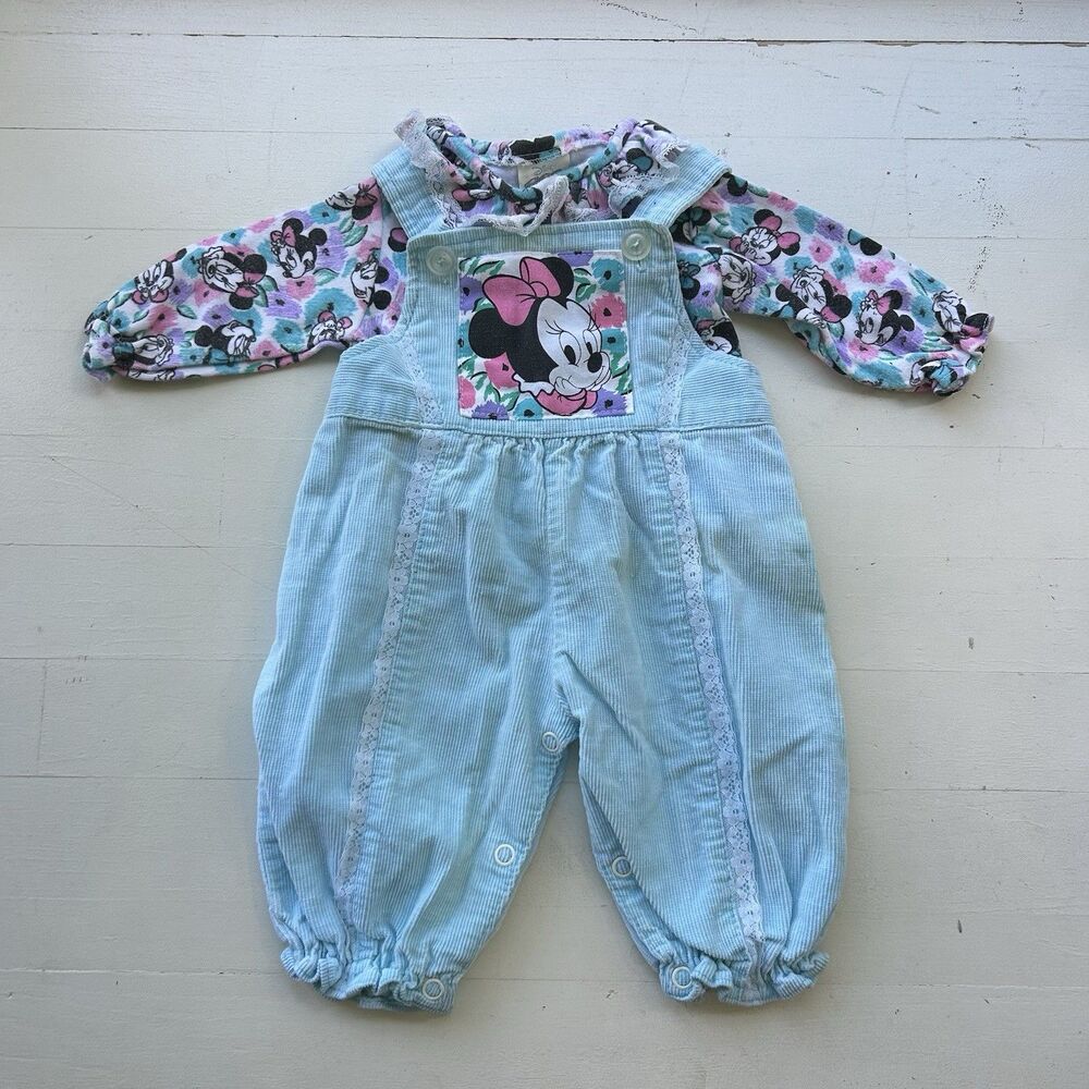Vtg Disney Babies Minnie Mouse Corduroy Overalls & Floral Shirt Set Size 0-6M